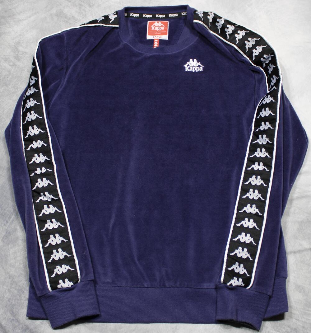 Kappa Sweatshirt Mens Large Blue Velour Crewneck Pullover Logo Tape Sleeves